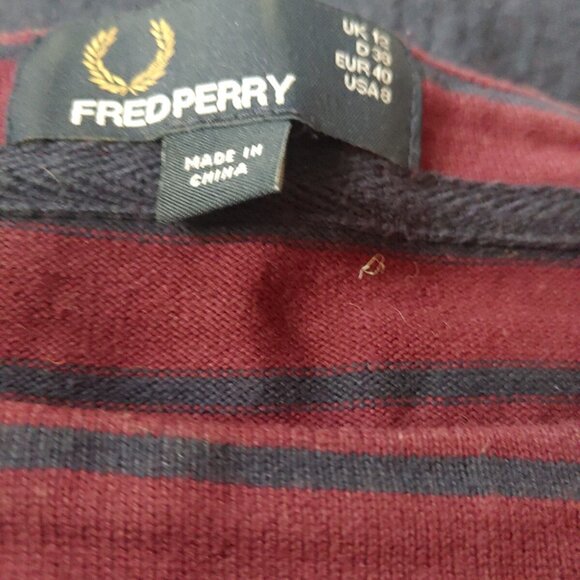 Fred Perry Tunic Dress Stripes Boat Neck Sz 8 burgundy & navy gold logo - Picture 7 of 7